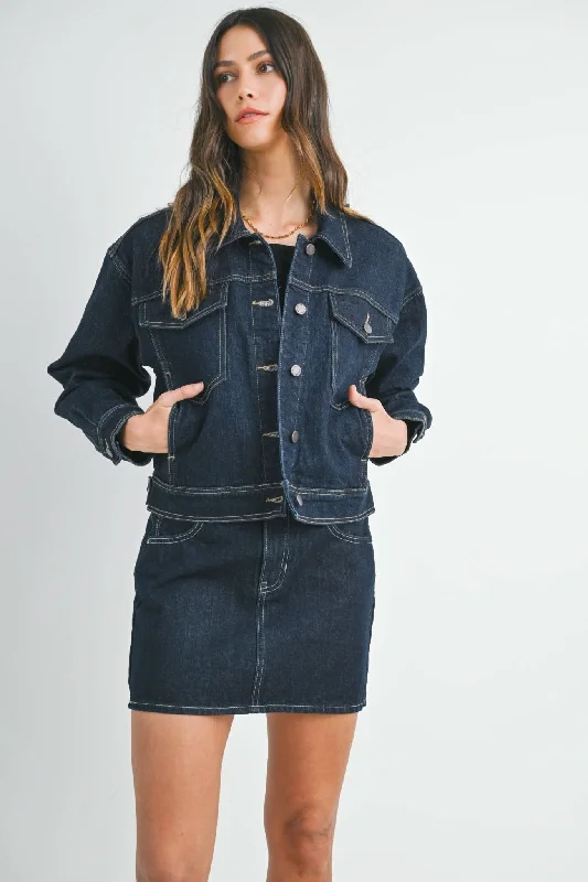 Minimalism Dark Denim Button Down Drop Shoulder Jacket