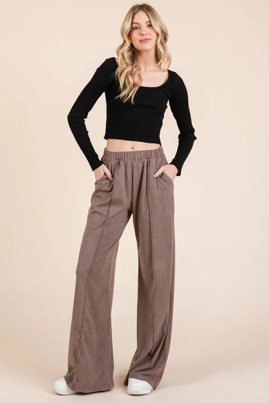 Noble Temperament BOMBOM Elastic Waist Wide Leg Pants with Pockets
