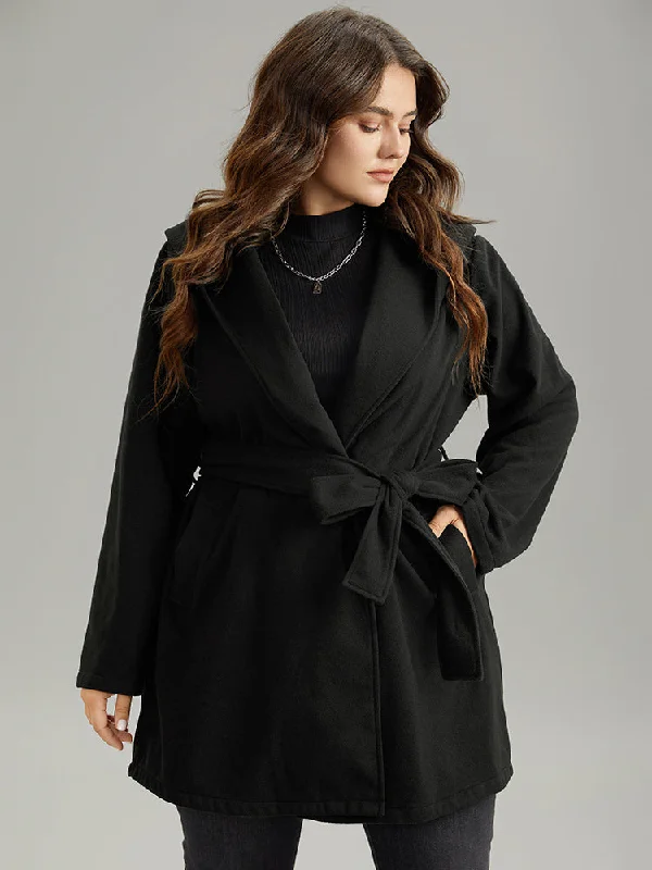 Versatile Style Plain Belted Hooded Tunic Pocket Coat