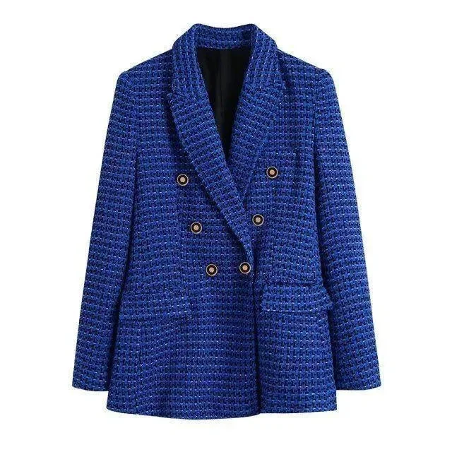 Fashion Style Dark Blue Tweed Blazer Women - Casual - Plaid