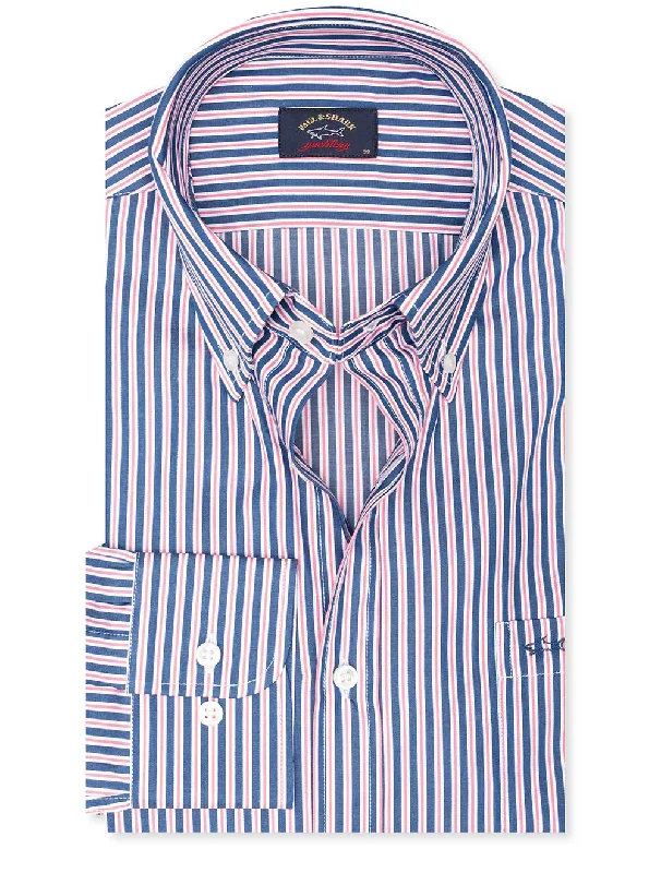 Casual Style Blue Multi Striped Shirt Navy And Red