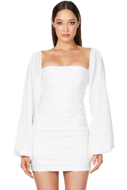Comfy Pants Silky Satin Square Neck Bishop Sleeve Ruched Party Mini Dress - White