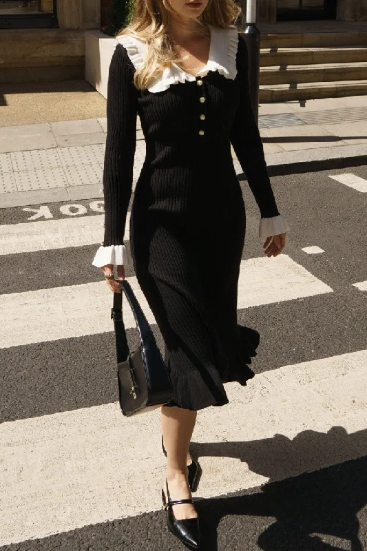 Effortless Wear French Peter Pan Collar Half Button Ruffle Long Sleeve Sweater Midi Dress - Black