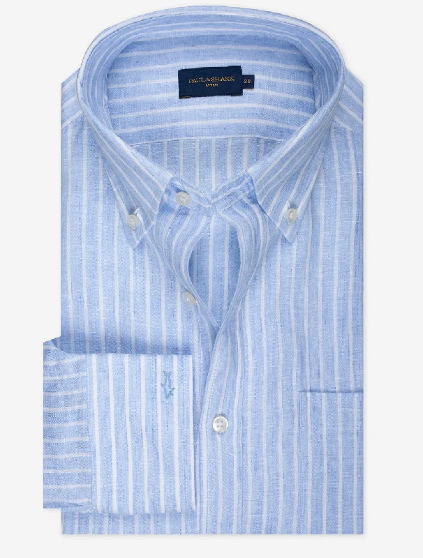 Cozy Fitting Linen Stripe Shirt Blue
