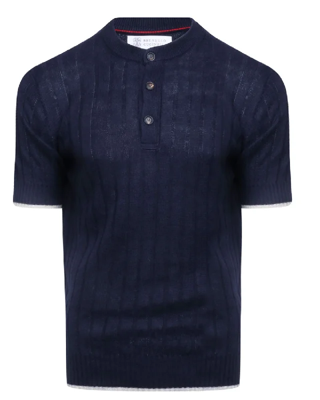 Fashion And Simplicity Navy Henley Knit Short Sleeve