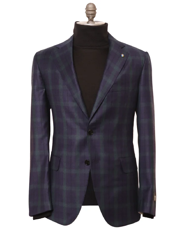Noble Temperament Navy and Green Plaid Soft Wool Sportcoat