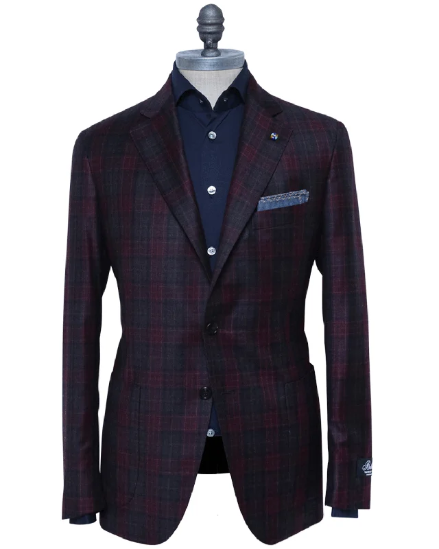 Cool Summer Red and Brown Windowpane Plaid Deconstructed Wool Sportcoat