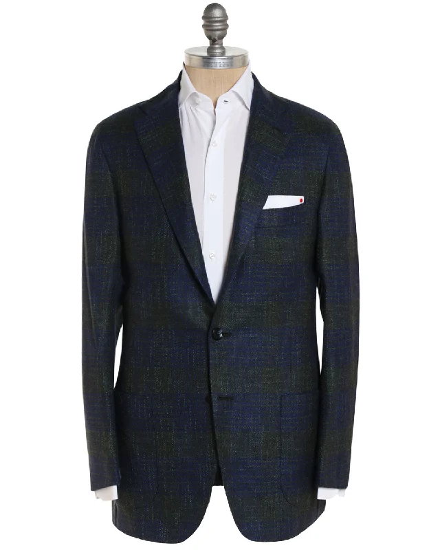Elegant And Noble Olive and Blue Cashmere Blend Plaid Sportcoat