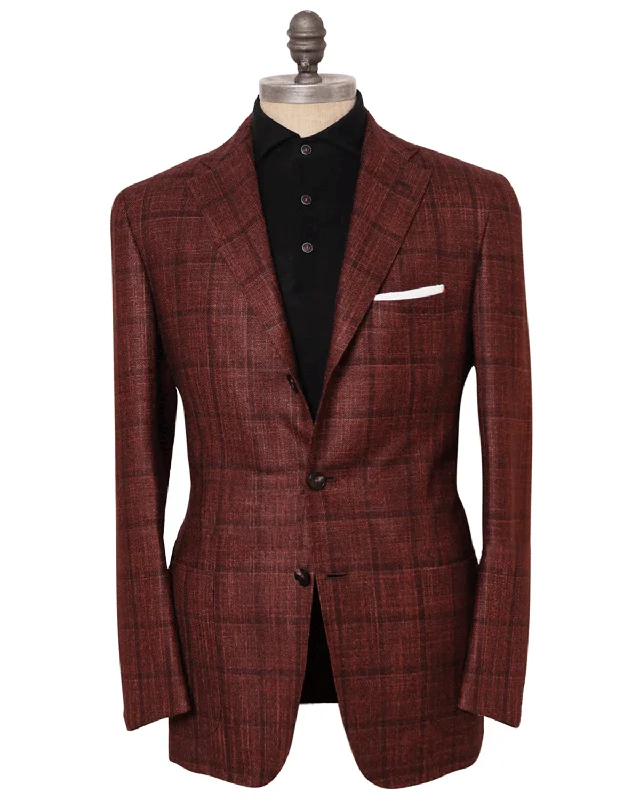 Street Fashion Kiton Rust and Burgundy Windowpane Cashmere Blend Sportcoat