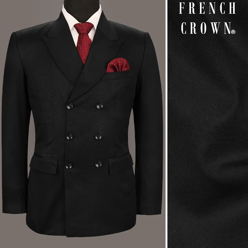 Romantic And Fresh Jade Black Subtle Sheen Wool Rich Double Breasted Blazer