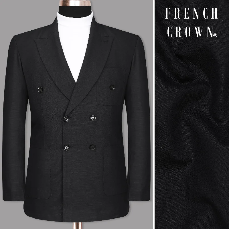 Versatile Items Jet Black Solid Luxurious Linen Double-breasted Sports Blazer