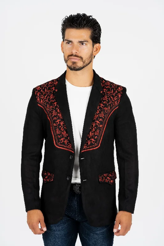 Body Design Men's Black/Burgundy Embroidered Faux-Suede Blazer
