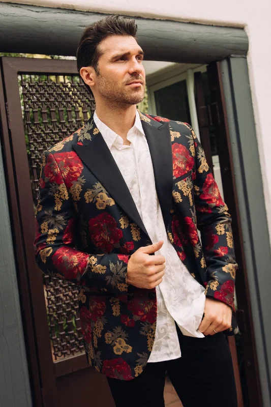 European And American Style Men's Double Button Dark Blue Woven Printed Blazer