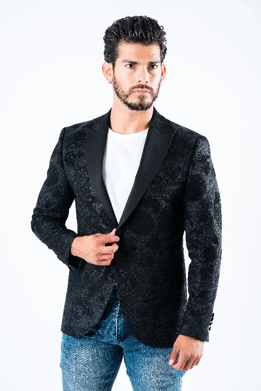 Urban Style Men's Double Button Black Woven Printed Blazer