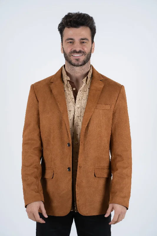 Slightly Flared Design Men's Double Button Camel Faux-Suede Blazer