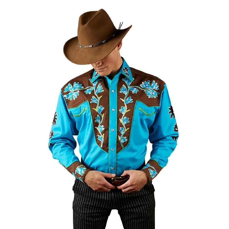 Exquisite Tailoring Rockmount Mens Floral 2-Tone Brown/Turquoise 100% Cotton L/S Shirt