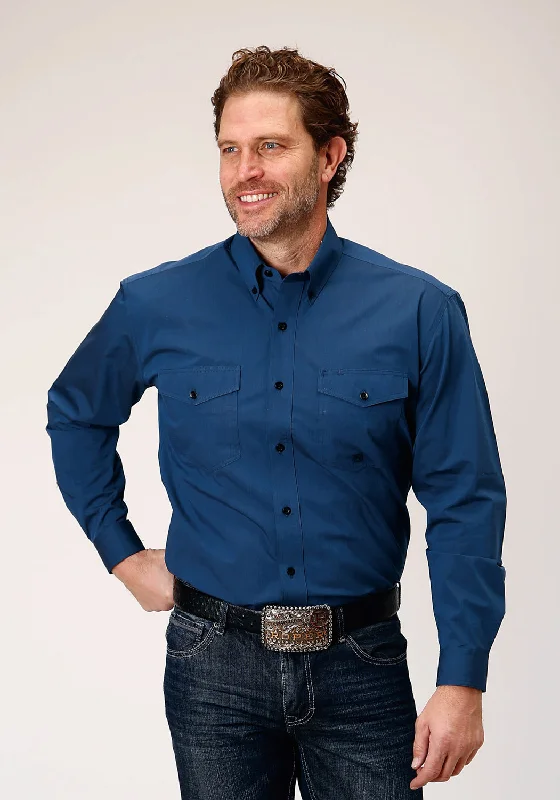 High-end Design Roper Mens Black Fill Button Blue 100% Cotton L/S Shirt