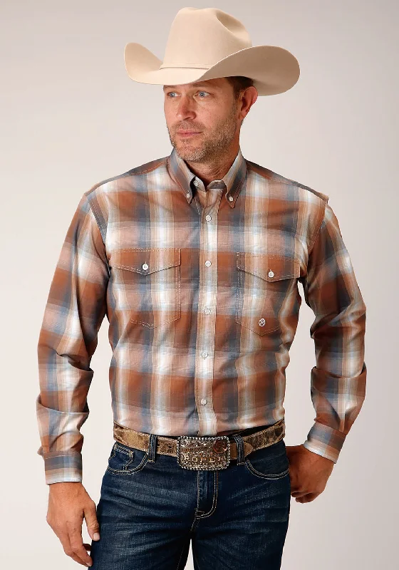 Exquisite Details Roper Mens Copper Ombre Plaid Rust 100% Cotton L/S Shirt