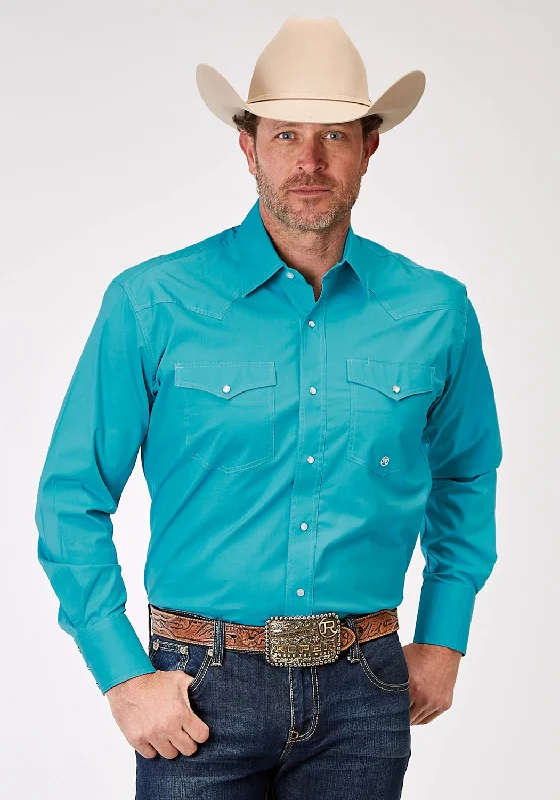Party Wear Roper Mens Poplin Stretch Turquoise Cotton Blend L/S Shirt