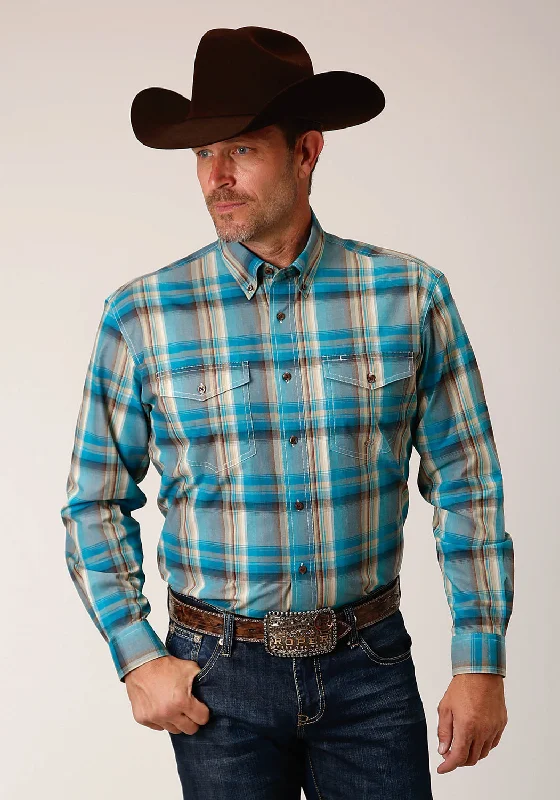Fresh And Fashionable Roper Mens Sandy Plaid Turquoise 100% Cotton L/S Shirt