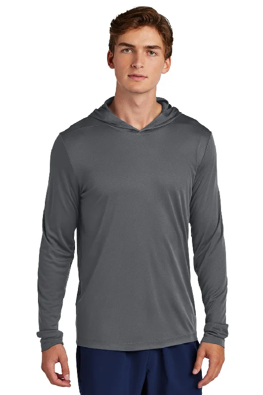 Classic Retro Sport-Tek Mens Posi-UV Pro Moisture Wicking Long Sleeve Hooded T-Shirt Hoodie - Dark Smoke Grey - New